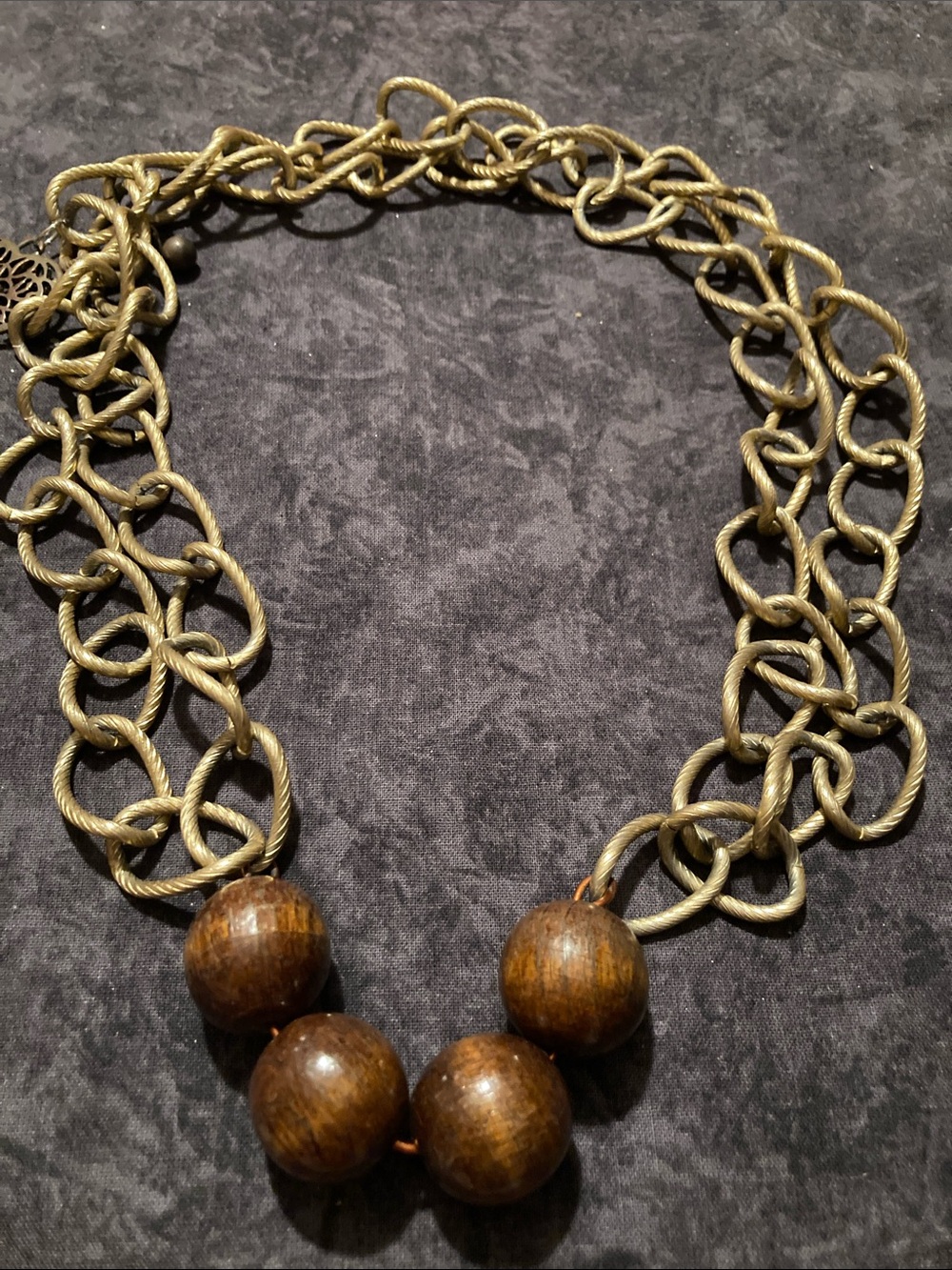 Statement Chunky Gold-Tone Chain Necklace with Brown Wood Beads